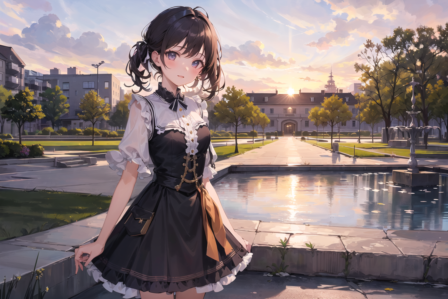 00126-1919050682-(masterpiece, best quality, excellent quality), ((1girl, solo, cowboy shot)), park, fountain, apartment, building, pavement, tre.png