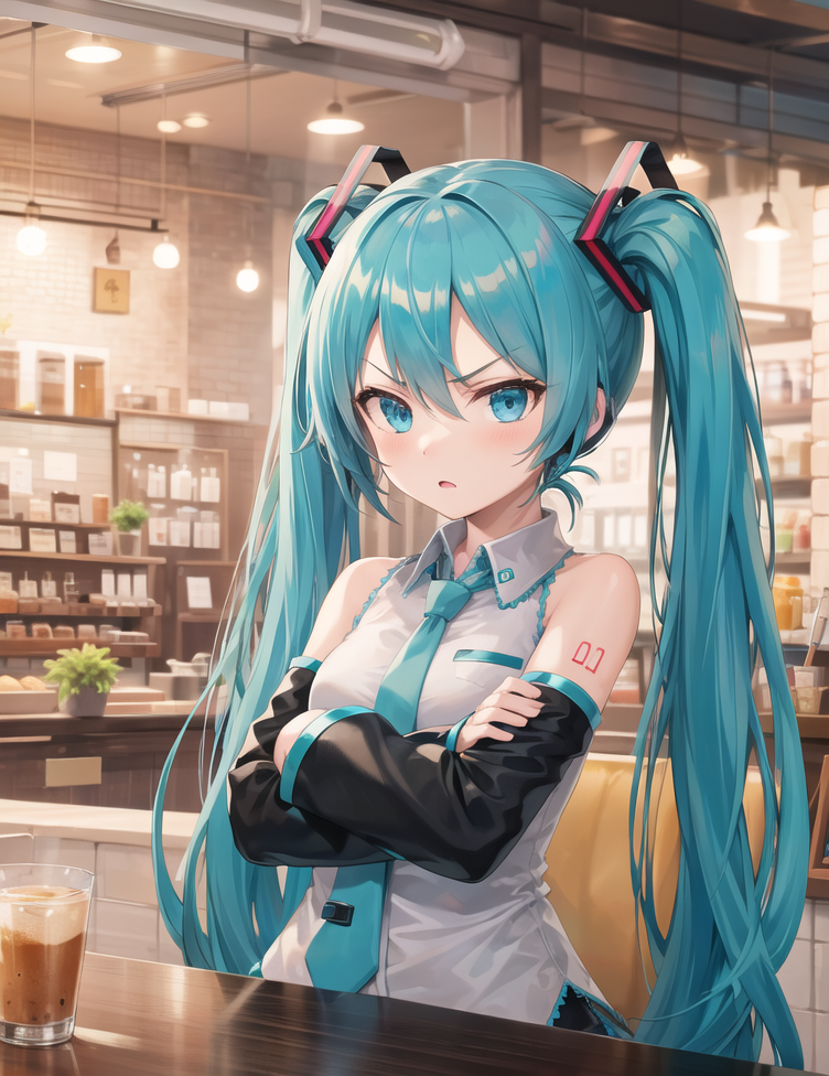 00098-3514023396-masterpiece, best quality, hatsune miku, 1girl, white shirt, blue necktie, bare shoulders, very detailed background, cafe, angry.png