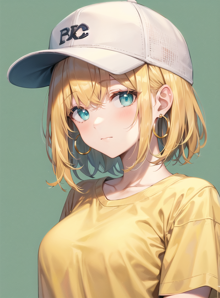 00018-4018636341-masterpiece, best quality, 1girl, aqua eyes, baseball cap, blonde hair, closed mouth, earrings, green background, hat, hoop earr.png