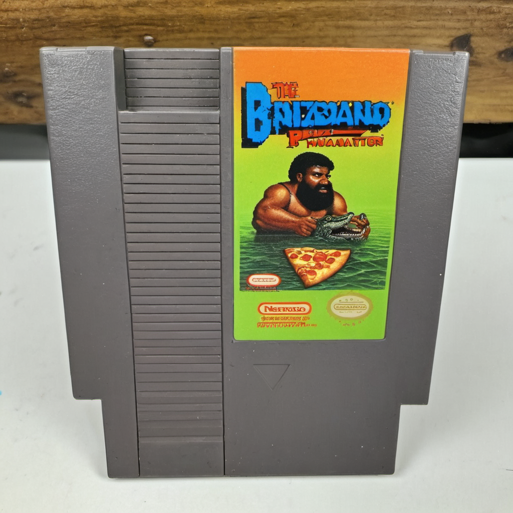 00274-[number]-1321919868-nes videogame cartridge, Heavyset, bearded, bald and shirtless Black man, camo shorts, alligator, pizza, swamp, english text, no.png